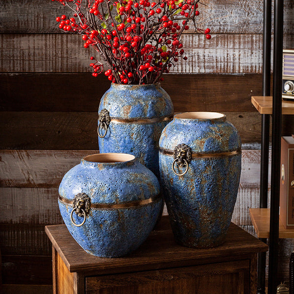 Water Element : Blue Ceramic Vase with Lion - Head Ring Handles